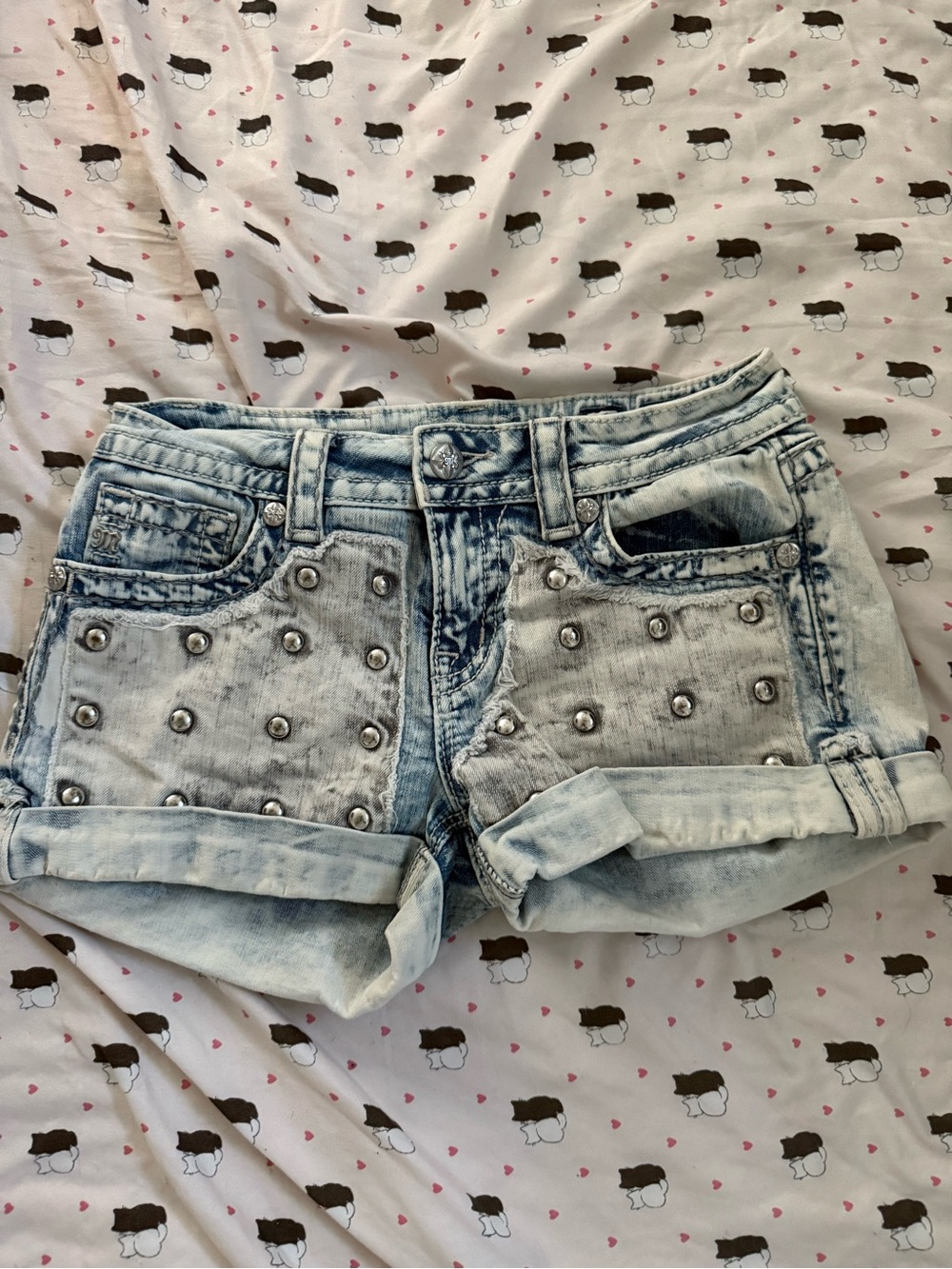 Miss Me Acid Wash Studded Denim Shorts - Light Blue